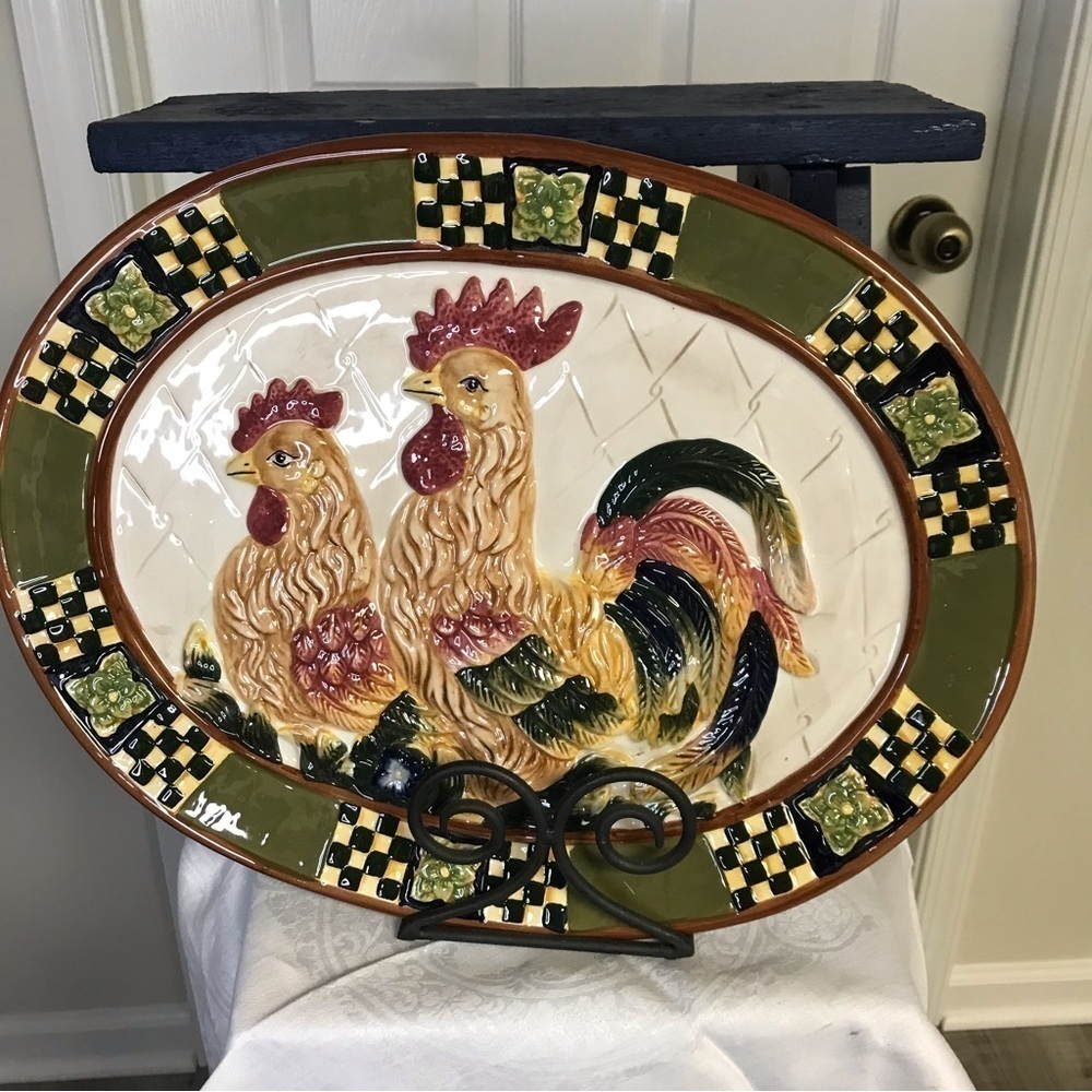 Bella Casa Ceramic platter hen&rooster green border black/white checked squares
